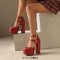 Round Toe Platforms Double Mary Janes Straps Back Zipper Vintage Style Chunky Heels Sandals - Red Faux Leather