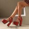 Round Toe Platforms Double Mary Janes Straps Back Zipper Vintage Style Chunky Heels Sandals - Red Faux Leather