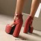 Round Toe Platforms Double Mary Janes Straps Back Zipper Vintage Style Chunky Heels Sandals - Red Faux Leather