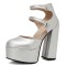 Round Toe Platforms Double Mary Janes Straps Back Zipper Vintage Style Chunky Heels Sandals - Silver Faux Leather