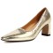 Pointed Toe Chunky Heels Rustic Metallic Pumps - Gold Faux Leather