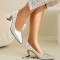 Pointed Toe Chunky Heels Rustic Metallic Pumps - Silver Faux Leather