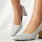 Pointed Toe Chunky Heels Shimmer Glitters Pumps - Silver Microfiber