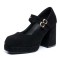 Square Toe Double Straps Mary Janes Chunky Heels Low Platforms Pumps - Black Flock