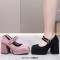 Square Toe Double Straps Mary Janes Chunky Heels Low Platforms Pumps - Black Flock
