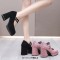 Square Toe Double Straps Mary Janes Chunky Heels Low Platforms Pumps - Black Flock
