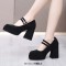 Square Toe Double Straps Mary Janes Chunky Heels Low Platforms Pumps - Black Flock