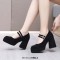 Square Toe Double Straps Mary Janes Chunky Heels Low Platforms Pumps - Black Flock