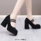 Square Toe Double Straps Mary Janes Chunky Heels Low Platforms Pumps - Black Flock