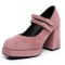 Square Toe Double Straps Mary Janes Chunky Heels Low Platforms Pumps - Pink Flock