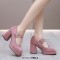 Square Toe Double Straps Mary Janes Chunky Heels Low Platforms Pumps - Pink Flock