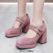 Square Toe Double Straps Mary Janes Chunky Heels Low Platforms Pumps - Pink Flock