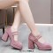 Square Toe Double Straps Mary Janes Chunky Heels Low Platforms Pumps - Pink Flock