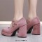Square Toe Double Straps Mary Janes Chunky Heels Low Platforms Pumps - Pink Flock