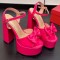 Peep Toe Bowtied Platforms Chunky Heels Sweet Color Ankle Buckle Straps Sandals - Rose Red Patent