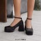 Round Toe Chunky Heels Ankle Buckle Straps Elegant Summer Style Low Platforms Pumps - Black Velvet