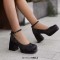 Round Toe Chunky Heels Ankle Buckle Straps Elegant Summer Style Low Platforms Pumps - Black Velvet