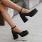 Square Toe Chunky Heels Low Platforms Ankle Buckle Straps Big Size Party Pumps - Black Velvet