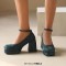 Round Toe Chunky Heels Ankle Buckle Straps Elegant Summer Style Low Platforms Pumps - Green Velvet