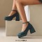 Round Toe Chunky Heels Ankle Buckle Straps Elegant Summer Style Low Platforms Pumps - Green Velvet