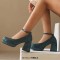 Square Toe Chunky Heels Low Platforms Ankle Buckle Straps Big Size Party Pumps - Green Velvet