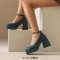 Square Toe Chunky Heels Low Platforms Ankle Buckle Straps Big Size Party Pumps - Green Velvet