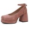 Round Toe Chunky Heels Ankle Buckle Straps Elegant Summer Style Low Platforms Pumps - Pink Velvet