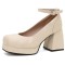 Round Toe Chunky Heels Ankle Buckle Straps Elegant Summer Style Low Platforms Pumps - White Velvet