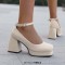 Round Toe Chunky Heels Ankle Buckle Straps Elegant Summer Style Low Platforms Pumps - White Velvet