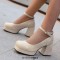Square Toe Chunky Heels Low Platforms Ankle Buckle Straps Big Size Party Pumps - White Velvet
