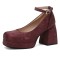 Round Toe Chunky Heels Ankle Buckle Straps Elegant Summer Style Low Platforms Pumps - Wine Burgundy Velvet