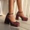 Round Toe Chunky Heels Ankle Buckle Straps Elegant Summer Style Low Platforms Pumps - Wine Burgundy Velvet