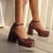 Square Toe Chunky Heels Low Platforms Ankle Buckle Straps Big Size Party Pumps - Wine Velvet