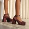 Square Toe Chunky Heels Low Platforms Ankle Buckle Straps Big Size Party Pumps - Wine Velvet
