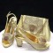Peep Toe Rhinestones Glitters Chunky Heels Slingback Sandals Pumps with Bag  - Gold Synthetic