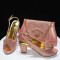 Peep Toe Rhinestones Glitters Chunky Heels Slingback Sandals Pumps with Bag  - Peach Synthetic