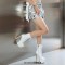 Round Toe Stiletto Golden Heels Checked Side Zipper Ankle Highs Booties - White Patent