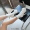 Round Toe Stiletto Golden Heels Checked Side Zipper Ankle Highs Booties - White Patent
