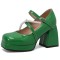 Square Toe String Bead Chunky Heels Mary Janes Low Platforms Pastel Pumps - Green Patent
