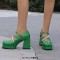 Square Toe String Bead Chunky Heels Mary Janes Low Platforms Pastel Pumps - Green Patent