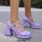 Square Toe String Bead Chunky Heels Mary Janes Low Platforms Pastel Pumps - Lavender Patent