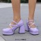 Square Toe String Bead Chunky Heels Mary Janes Low Platforms Pastel Pumps - Lavender Patent