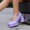 Square Toe String Bead Chunky Heels Mary Janes Low Platforms Pastel Pumps - Lavender Patent