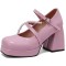 Square Toe String Bead Chunky Heels Mary Janes Low Platforms Pastel Pumps - Pink Patent