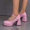 Square Toe String Bead Chunky Heels Mary Janes Low Platforms Pastel Pumps - Pink Patent