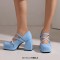 Square Toe String Bead Chunky Heels Mary Janes Low Platforms Pastel Pumps - SkyBlue Patent