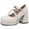 Square Toe String Bead Chunky Heels Mary Janes Low Platforms Pastel Pumps - White Patent