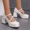 Square Toe String Bead Chunky Heels Mary Janes Low Platforms Pastel Pumps - White Patent