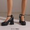 Square Toe Butterfly Knot Chunky Heels Ankle Buckle Cute Straps Low Platforms Pumps - Black Faux Leather