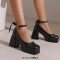 Square Toe Butterfly Knot Chunky Heels Ankle Buckle Cute Straps Low Platforms Pumps - Black Faux Leather